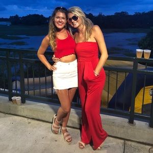 Red strapless jumpsuit
